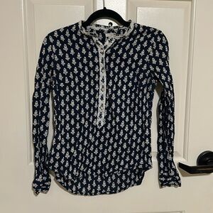 J. Crew Navy and White Cotton Long-Sleeve Button Up Blouse (Size xxs)